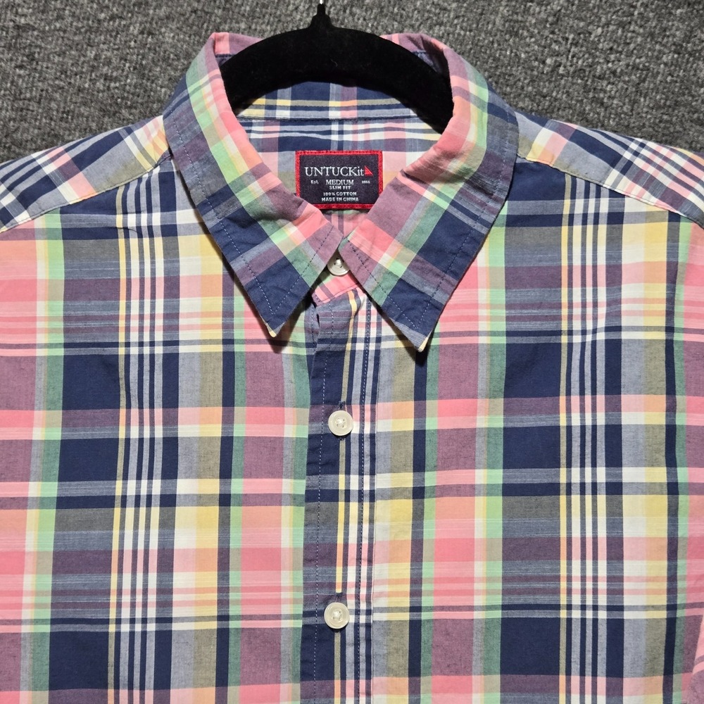 UNTUCKit Mens Blue Pink White Plaid Slim Fit Button Long Sleeve Sz Medium Shirt